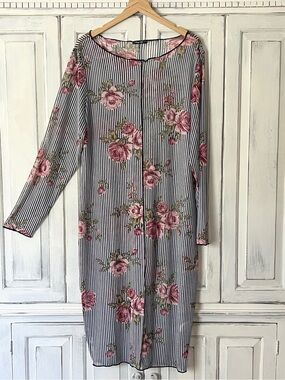 🟠NWT STORYTELLER Sheer Midi Dress for Layering in Floral Print w/Navy Stripes 1X